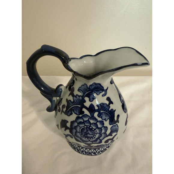 The Bombay Company Creamer Pitcher Cobalt Blue 6" Floral Vtg Ceramic Porcelain - Picture 2 of 5